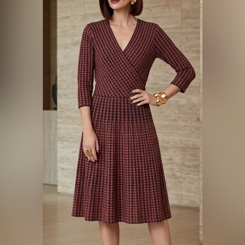 The Fold London Rust Navy Houndstooth Knit Wrap Midi Dress US 12‎ UK 16